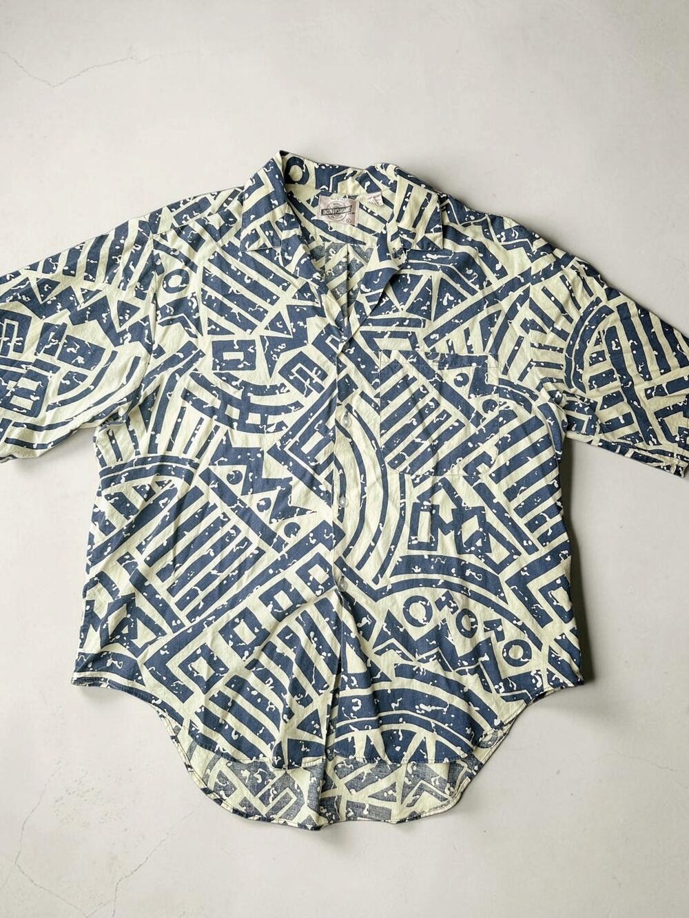 Vintage 80s Bon Homme Shirt L USA Blue Geometric Memphis Abstract Button Up
